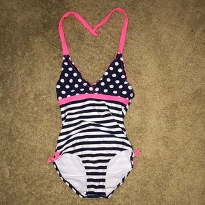 girls striped and polka-dotted one piece!